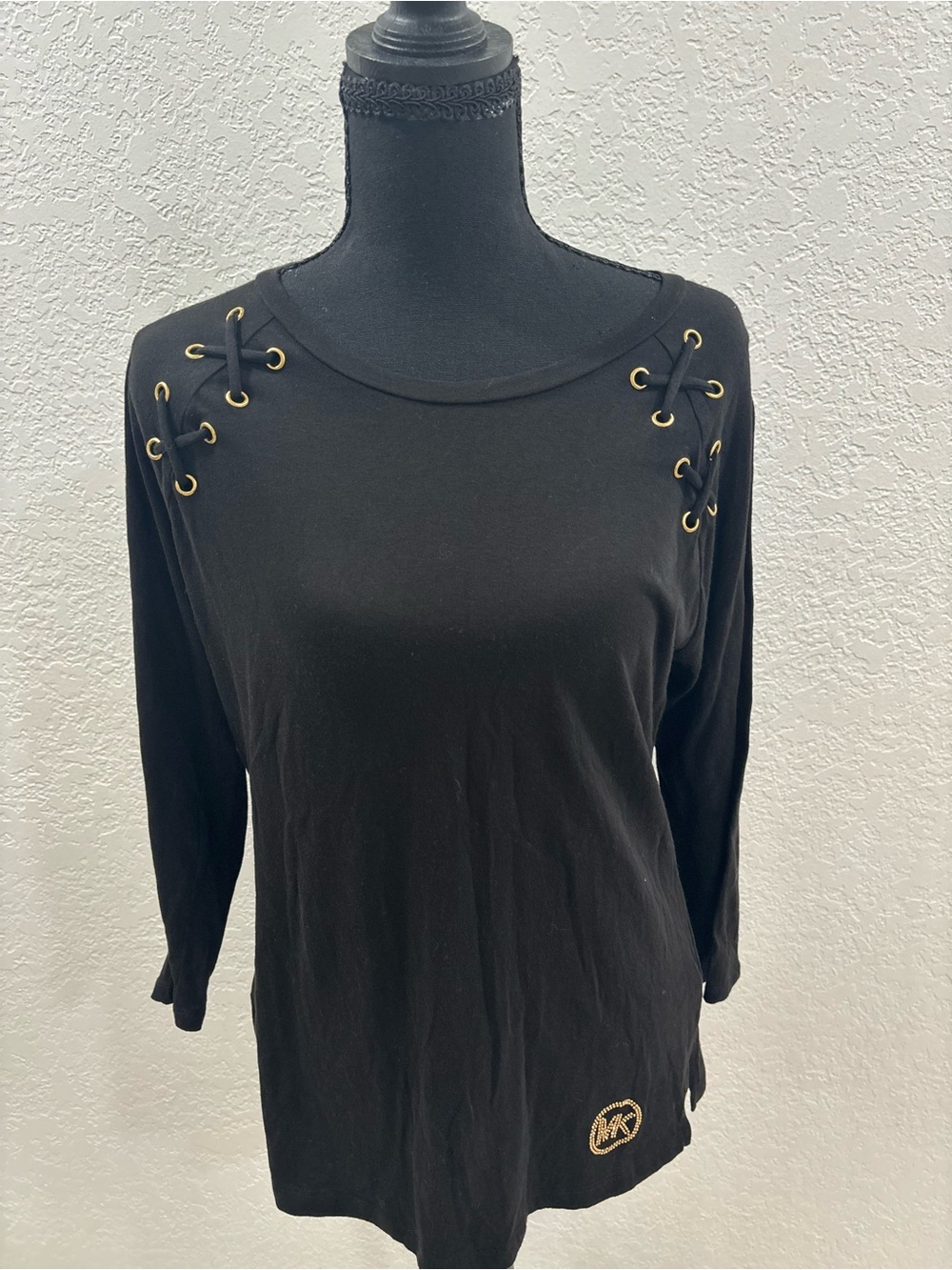 Michael Kors Black Long Sleeve Top with Gold Eyelet Lace-Up Shoulders